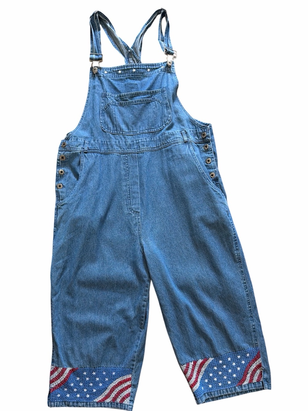 Agapo Vintage Denim Embroidered American Flag Patriotic Cropped Overalls Size XL